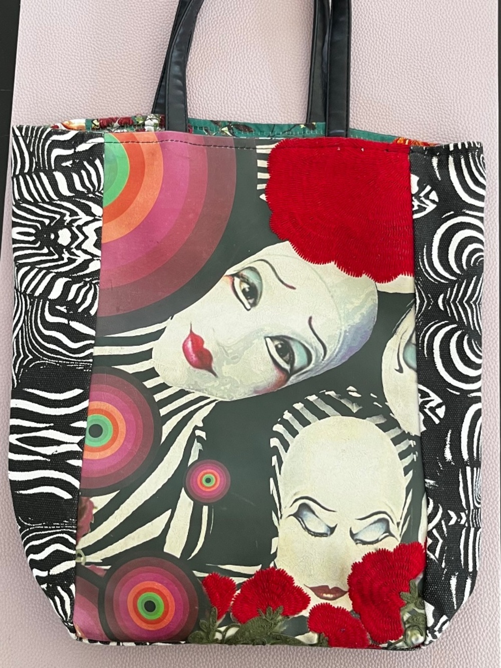 Desigual Art Tote Bag | Faces Floral Graphic Print Purse Boho Statement Bag